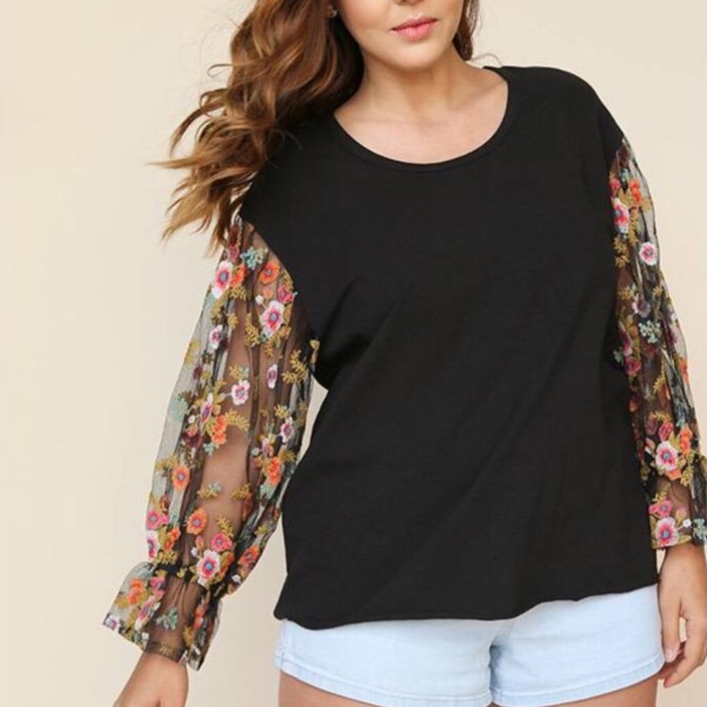 Sheer Embroidered Sleeve Top